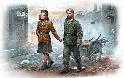 マスターボックス　MB35182　独・国民突撃隊2体-少年 少女+手押カーゴ-エッチングパーツ